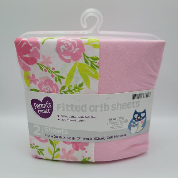NEW Parents Choice 2pk Fitted Crib Sheets Pink Floral Patterns - Picture 1 of 4